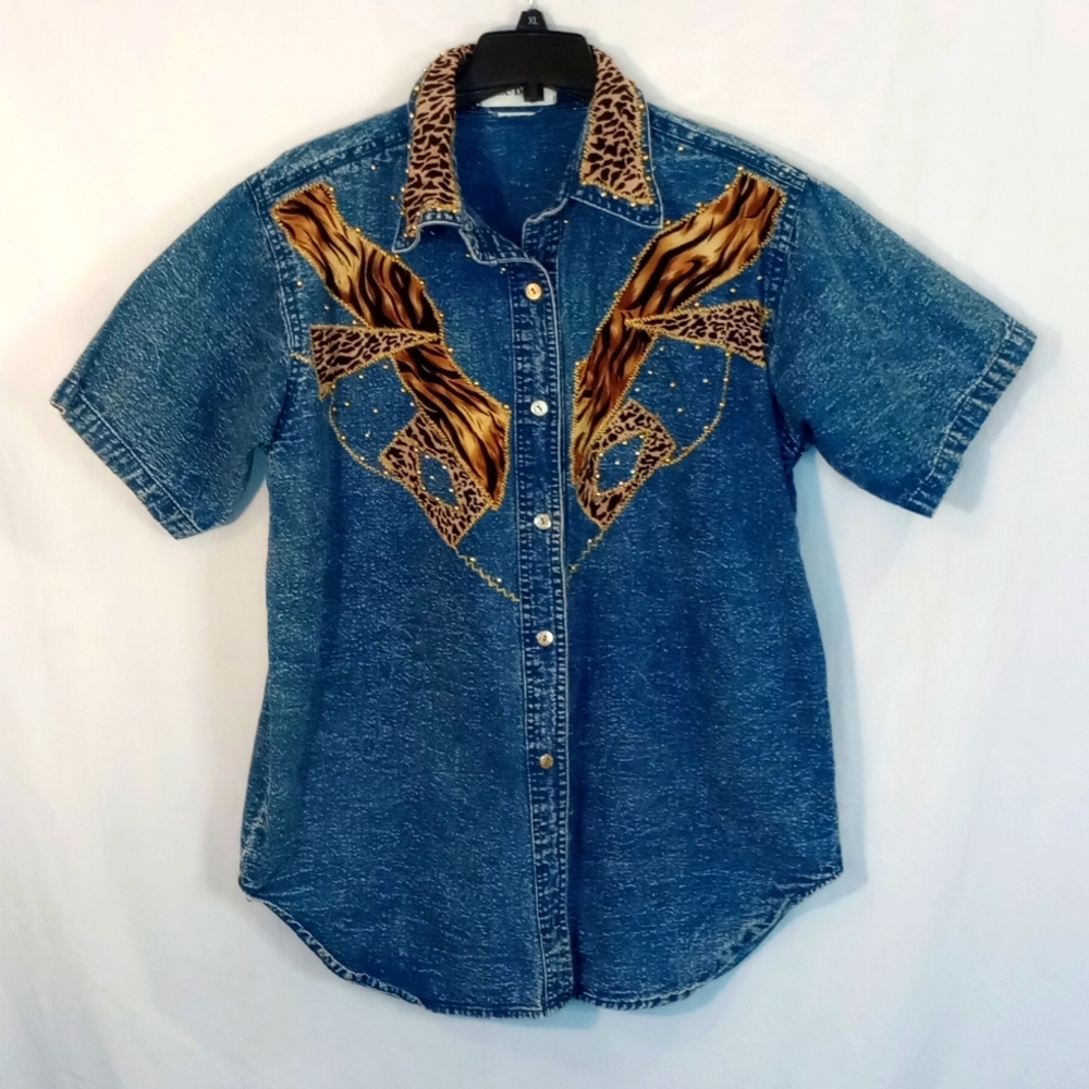 Club Z Vintage Denim Button Up Down Animal Print Shirt Women's Large XL